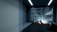 Business professional hand presenting holographic data analytics dashboard with charts and graphs in modern office environment for technology presentations.