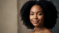Young African American woman with natural curly hair smiling confidently at camera in soft indoor lighting for beauty and lifestyle content.