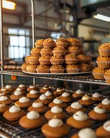 Fresh baked cupcakes and whoopie pies arranged on cooling racks in bakery kitchen, topped with creamy frosting and sprinkles in warm ambient lighting.
