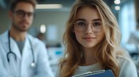 Young female medical student with blonde hair and glasses smiling in hospital setting, holding clipboard. Male doctor with stethoscope visible in background. Healthcare education concept.