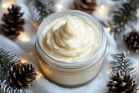 Luxurious white body butter cream in glass jar surrounded by pine cones, fir branches and soft glowing lights on snowy winter background. Natural cosmetics concept.