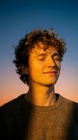Young man with curly hair enjoying peaceful moment during golden hour sunset with eyes closed and serene expression against twilight sky.