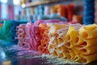 Colorful rows of fresh rolled pasta sheets in vibrant yellow, orange, pink, and green hues arranged on flour-dusted surface, perfect for food photography and culinary design projects.