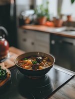 Hearty beef stew with tender chunks of meat, carrots and potatoes in rich brown broth, served in rustic ceramic bowl on modern kitchen countertop. Cozy home cooking.