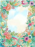 Watercolor floral border frame with business icons, arrows, charts, light bulbs, and shopping bags in pastel pink, teal, and gold tones.