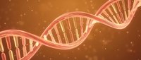 DNA double helix structure glowing in warm orange tones with particles, suitable for science, genetics, biotechnology, medical research, and educational presentations.