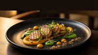 Gourmet seared duck breast with colorful vegetables and herbs on dark plate. Fine dining restaurant presentation with artistic plating and garnish.