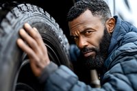 African American male mechanic with beard inspecting tire tread wear while wearing blue winter jacket. Close up portrait showing professional expertise and attention to detail.