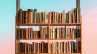 Wooden bookshelf filled with colorful vintage books against pastel gradient background for home decor and reading concepts.