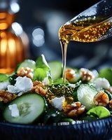 Golden olive oil pouring over fresh green salad with cucumber, walnuts and cheese in elegant restaurant setting with warm bokeh lighting.
