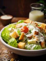 Fresh caesar salad with crispy croutons, cherry tomatoes and creamy dressing in white bowl, garnished with parmesan cheese and herbs. Dark rustic background.