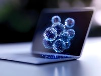 Glowing blue molecular structure emerging from laptop screen, digital visualization of virus or cell biology on modern computer display in dark setting.