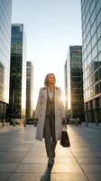 Confident businesswoman walking through modern financial district at sunset wearing elegant coat and carrying briefcase for corporate success concepts.
