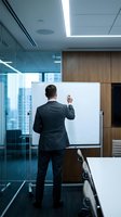 Professional businessman in dark suit writing on whiteboard in modern glass office conference room with city view for corporate training and meetings.