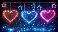 Glowing neon hearts and stars in orange, blue, and pink colors against dark background with sparkles and light effects create romantic atmosphere.