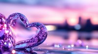 Glowing heart shape with sparkles and bokeh lights against dreamy pink sunset background creates romantic atmosphere for Valentine's Day and love themes.
