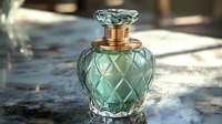 Elegant mint green glass perfume bottle with diamond pattern and gold cap on marble surface in natural sunlight, luxury cosmetic product photography.