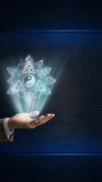 Hand holding glowing yin yang mandala symbol with sacred geometry patterns on dark blue digital background for spirituality, wellness, and technology concepts.