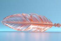 Metallic rose gold feather on reflective surface against blue gradient background, elegant minimal design concept for luxury and lightness themes.
