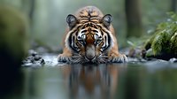 Young Bengal tiger crouching at water's edge with intense gaze, reflection visible in calm water surface. Dramatic wildlife portrait showing predatory stance in natural habitat.