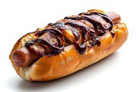 Grilled hot dog in fresh bun topped with caramelized onions and drizzled chocolate sauce on white background, isolated food photography for menu design.