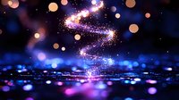 Magical spiral light trail with sparkling particles against dark background with bokeh effects and reflective surface creating dreamy atmosphere.