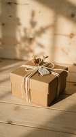 Eco-friendly kraft paper gift box with natural twine ribbon and dried flowers on rustic wooden surface with warm sunlight shadows for sustainable packaging.