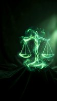 Glowing green scales of justice emerging from mystical smoke and energy effects on dark background representing law, balance and legal concepts.