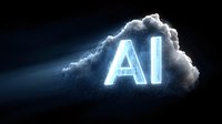 Glowing artificial intelligence letters surrounded by dramatic cloud formation with light beams on dark background.