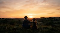 Silhouetted couple sitting together on hillside meadow watching golden sunset over distant mountains and valleys during evening twilight.