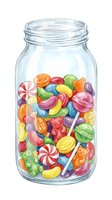 Clear glass jar filled with colorful assorted candies including lollipops, gumballs, and hard candies, isolated on white background for design use.