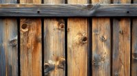Rustic wooden fence boards with natural knots and weathered grain texture, illuminated by warm sunlight creating dramatic shadows and depth. Vintage carpentry detail.