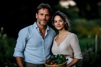 Romantic couple holding fresh vegetables from garden, mature caucasian man in blue shirt and young brunette woman in beige dress outdoors in natural setting.