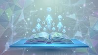Open book with glowing digital arrows and geometric network overlay representing knowledge growth, learning progress and educational technology concepts.