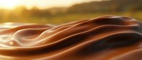 Smooth flowing liquid chocolate waves with golden sunlight creating glossy reflections, suitable for food, beverage, and confectionery marketing materials.