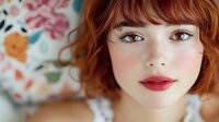 Young Caucasian woman with bright red hair, bangs, and red lipstick against floral background. Natural makeup with rosy cheeks and white lace top.