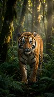 Majestic tiger walking through lush tropical rainforest with golden sunlight filtering through moss-covered trees and ferns creating dramatic natural lighting.