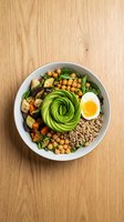 Healthy Buddha bowl with avocado rose, soft-boiled egg, quinoa, roasted vegetables, and chickpeas on a wooden table, top view.
