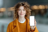 Young Caucasian woman with curly hair wearing orange coat and sweater showing blank smartphone screen with soft smile in blurred urban setting.