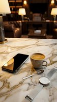 Espresso cup, smartphone, and elegant watch on a marble table in a luxury lounge with warm ambient lighting.