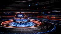 Futuristic circular platform with glowing blue lights and orange accents against dark background creates dramatic sci-fi atmosphere for gaming or technology concepts.
