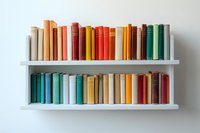 Colorful hardcover books arranged by color spectrum on white floating wall shelves against neutral background, creating minimalist rainbow display for home library decor.