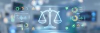 Glowing scales of justice with digital medical interface panels, charts, and health icons on blurred hospital background, legal healthcare concept.