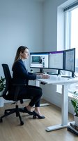 Professional businesswoman working at dual monitor setup in modern office workspace analyzing data and reports for productivity and business growth.