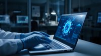 Scientist in protective gloves analyzing coronavirus data on laptop computer in modern laboratory for medical research and virus study applications.