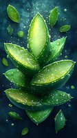 Fresh green leaves with water drops floating on dark turquoise background, glowing from within. Natural organic concept for wellness and spa designs.