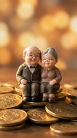 Elderly couple figurines sitting on golden coins with warm bokeh background representing retirement savings and financial security planning.