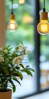 Glowing vintage Edison bulbs hanging above potted flowering plant near window, creating warm atmospheric lighting with soft natural daylight and bokeh effect.