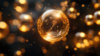 Glowing golden sphere floating in dark space with magical bokeh lights and sparkles. Mystical orb radiates warm light against blurred background. Suitable for fantasy designs.