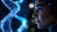 Young female scientist observing glowing DNA helix structure in dark laboratory, blue neon illumination creates futuristic atmosphere for biotechnology research concept.